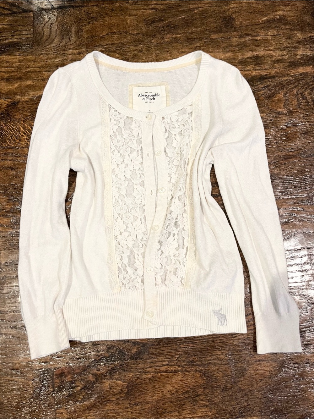 VTG Abercrombie & Fitch Y2K White Lace Front Cardigan Knit Sweater Medium